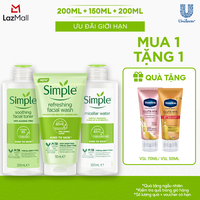 [VC 15% tối đa 70K đơn 399K] Combo Simple Tẩy trang Micellar 200ml + Sữa rửa mặt 150ml + Nước hoa hồng Toner 200ml cho da sạch khỏe đàn hồi [CHÍNH HÃNG ĐỘC QUYỀN]