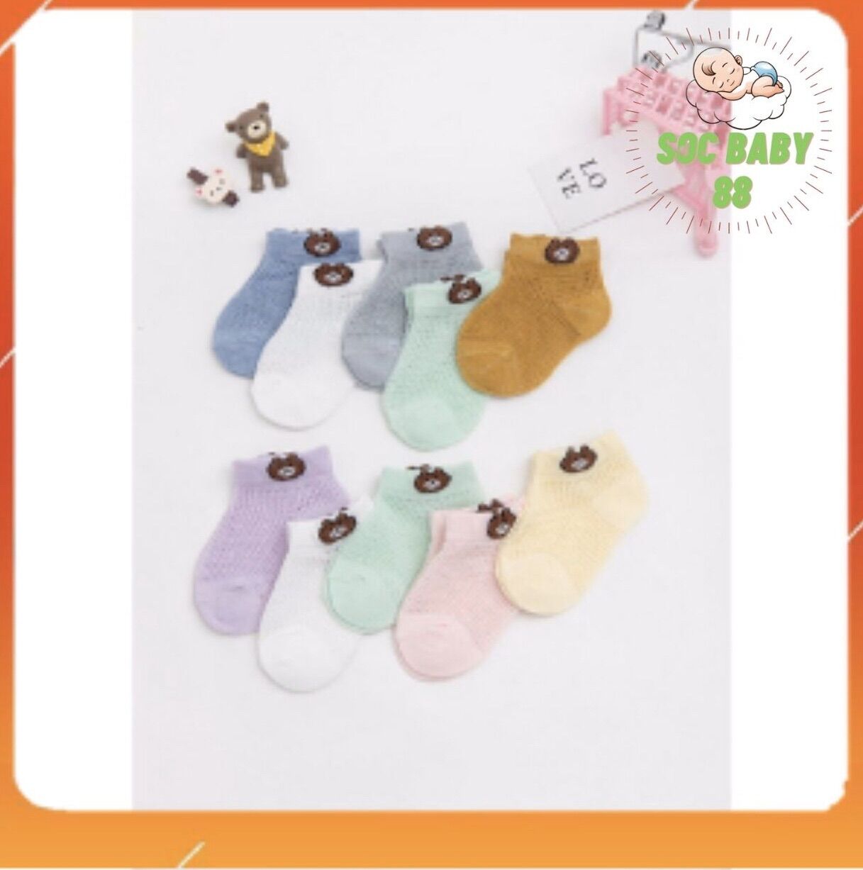 Set 5 đôi tất lưới gấu hè thu cho bé, tất lưới thông hơi cho bé, tất lưới soc baby 88 cho bé yêu