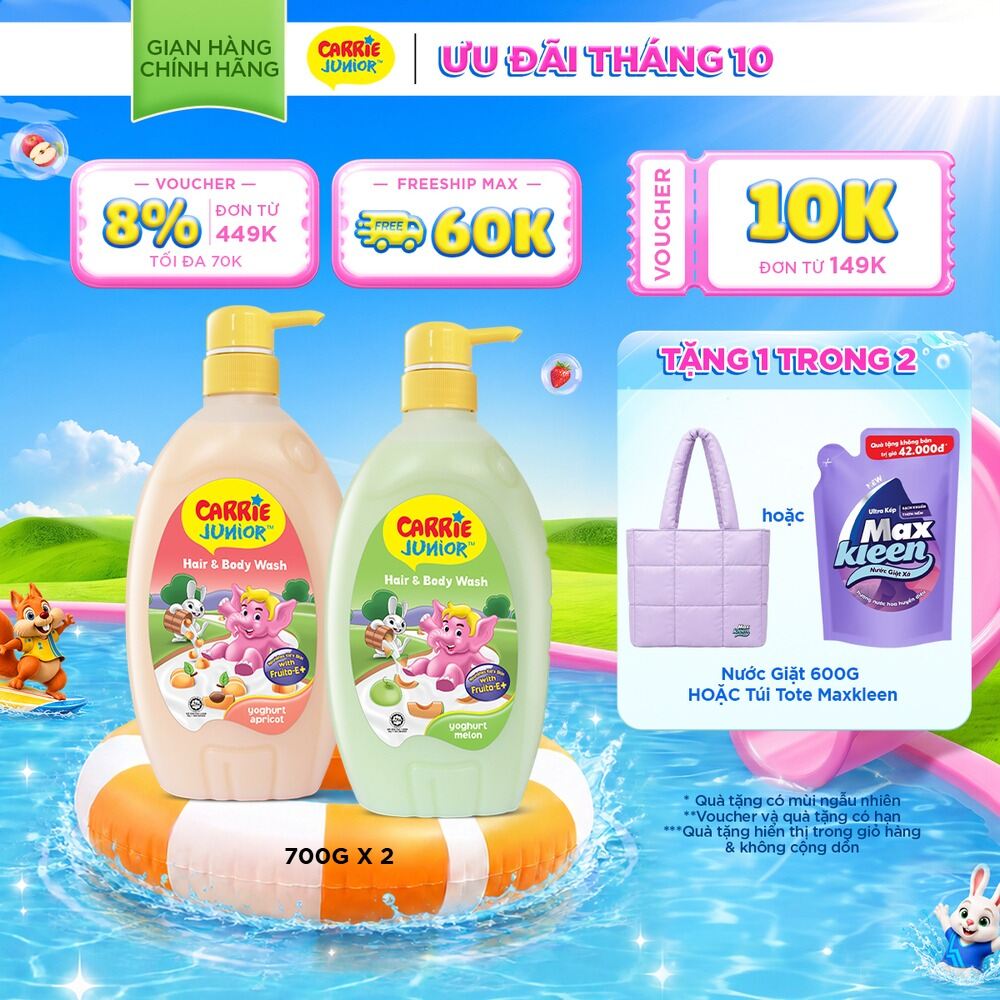 Combo 2 Chai Sữa Tắm Gội Cho Bé Carrie Junior chiết xuất trái cây thiên nhiên Yoghurt Hương Dưa Lưới + Hương Mơ Tây ( 700g x 2)