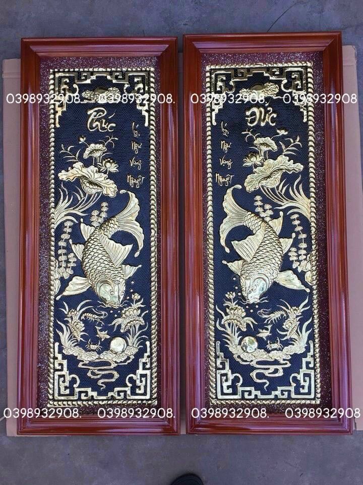 Tranh cá chép phúc Đức kích thước 40 x 100 cm nặng 7kg khung gỗ chất liệu bằng đồng nguyên chất