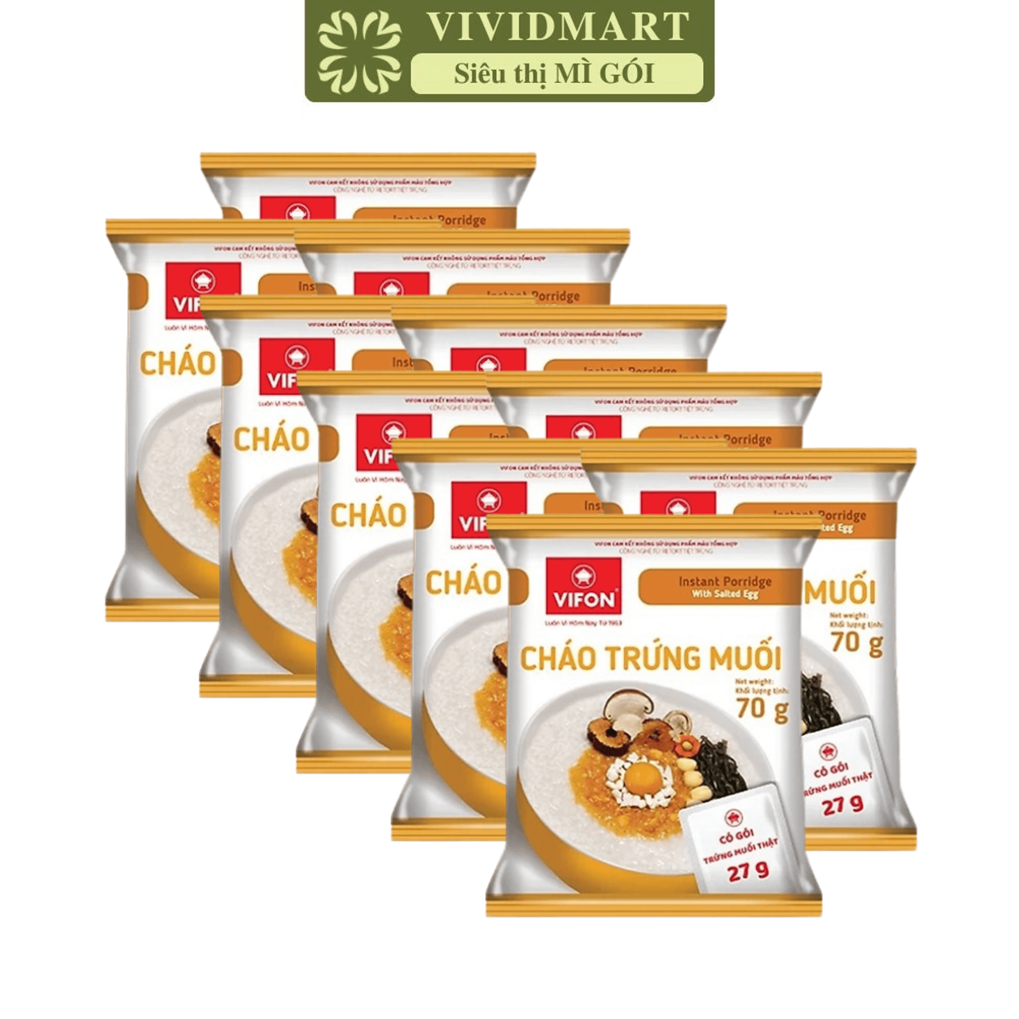 [SET OF 10 PACKAGES] - VIFON - INSTANT PORRIDGE 70G 6 FLAVOURS: CHICKEN FLAVOUR, MINCED PORK FLAVOUR, SHITAKE MUSHROOM FLAVOUR, STEWED PORK RIBS FLAVOUR, SALTED EGG FLAVOUR, BEEF FLAVOUR (70G/PACKAGE)