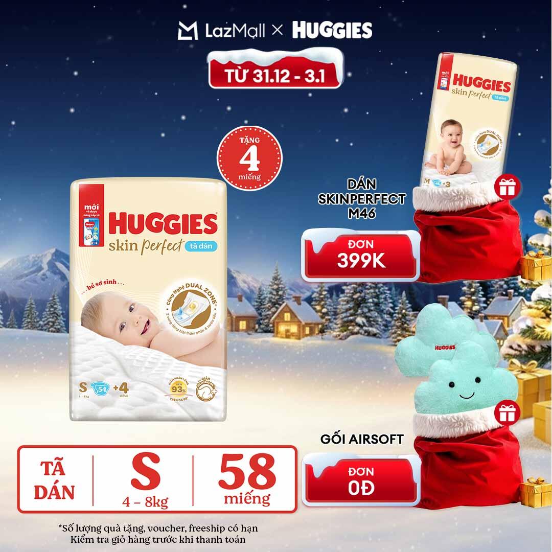 CHỈ 20h 31.12-03.01 QUÀ TẶNG ĐƠN 0Đ Tã bỉm dán sơ sinh Huggies Skin Perfect S 54 miếng với 2 vùng thấm giảm kích ứng da số miếng tặng thay đổi theo từng đợt nhập hàng