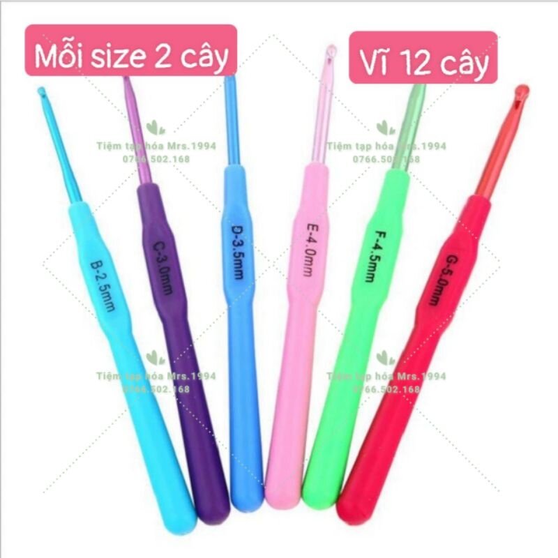Bộ 12 cây/ bộ 6 cây/ bộ 3 cây kim móc len cán nhựa 2.5 - 5.0mm