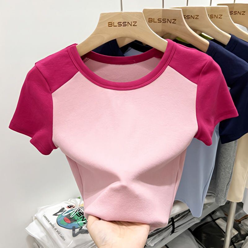 Áo Thun Tay Ngắn Cổ Tròn Dáng Ôm Mùa Hè Cho Nữ Áo Thun Cotton Pha Trộn Màu Cổ Điển Mỹ Áo Thun Nữ Thờ