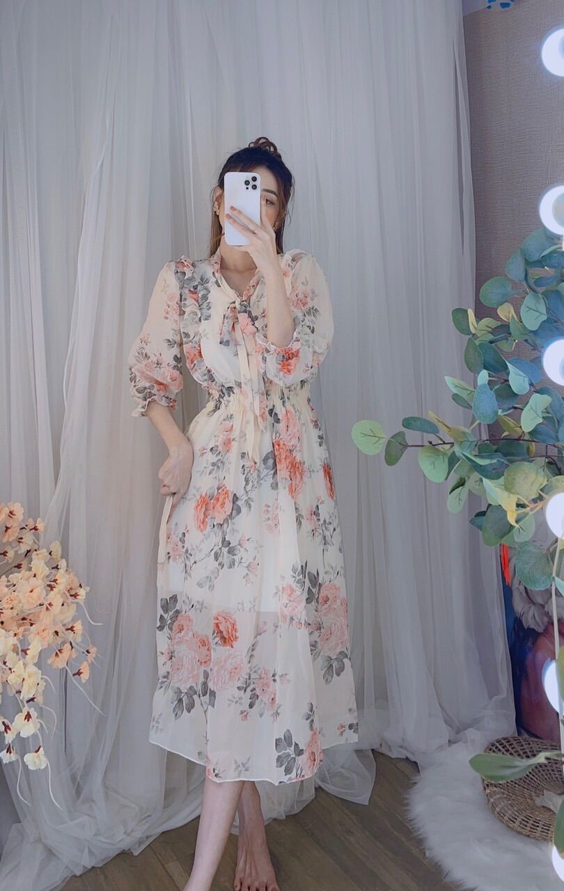 Đầm hoa viền bèo cột nơ siêu xinh - hình thật