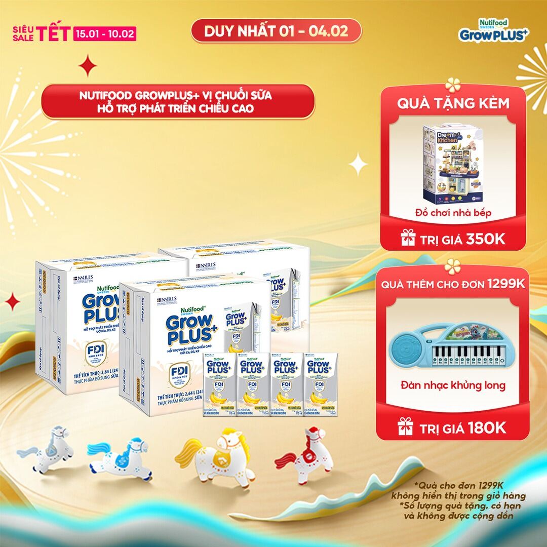 Combo 3 Thùng 24 hộp Sữa bột pha sẵn Nutifood Sweden GrowPLUS+ Vị Chuối Sữa hộp 110ml - Hỗ trợ phát