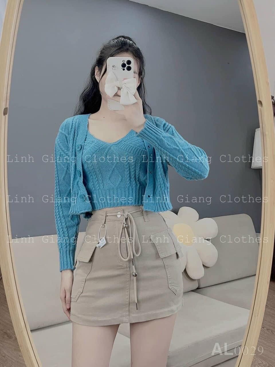 Sét áo 2 dây bo eo + áo khoác hình thoi
