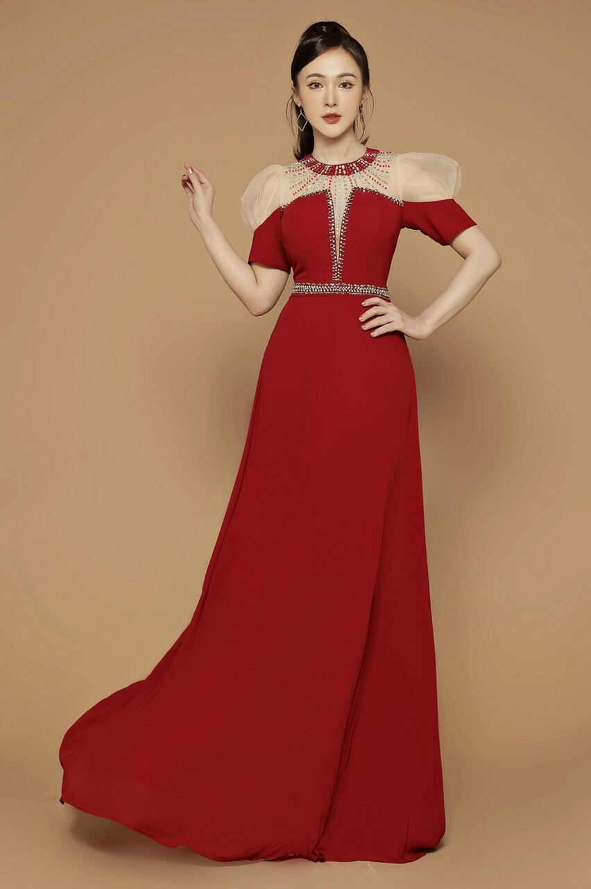 Đầm maxi dạ hội xoè kết pha lê cổ tròn