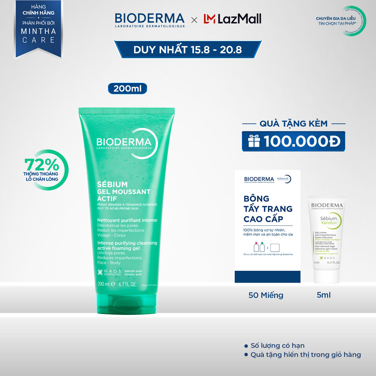 Gel rửa mặt làm sạch sâu và giảm mụn Bioderma Sébium Gel moussant actif - 200ml