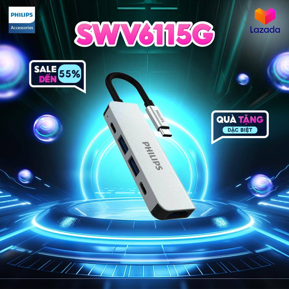 Bộ hub chuyển đổi philips swv6115g 5 in 1 usb type c thunderbolt 3 to hdmi gồm 2 cổng usb-a + 2 cổng usb-c pd, có chức năng sạc cho thiết bị