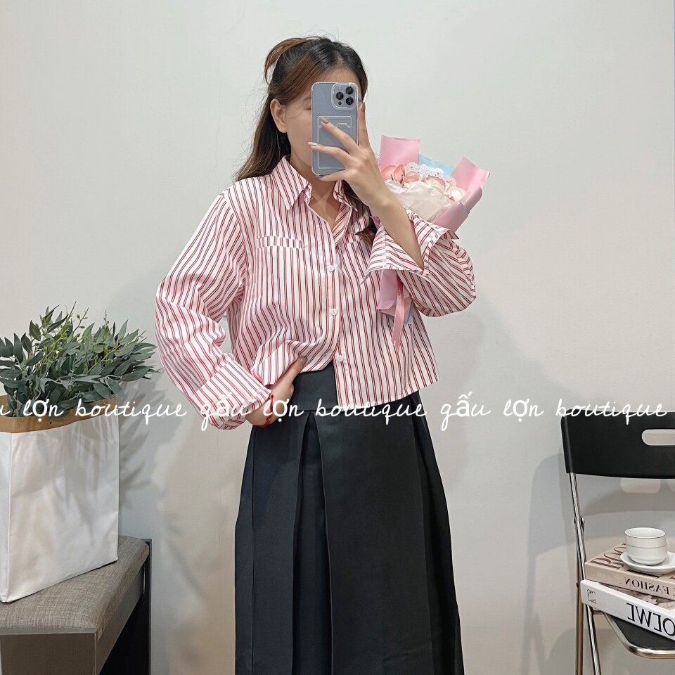 áo sơ mi kẻ sọc dáng ngắn hàn quốc