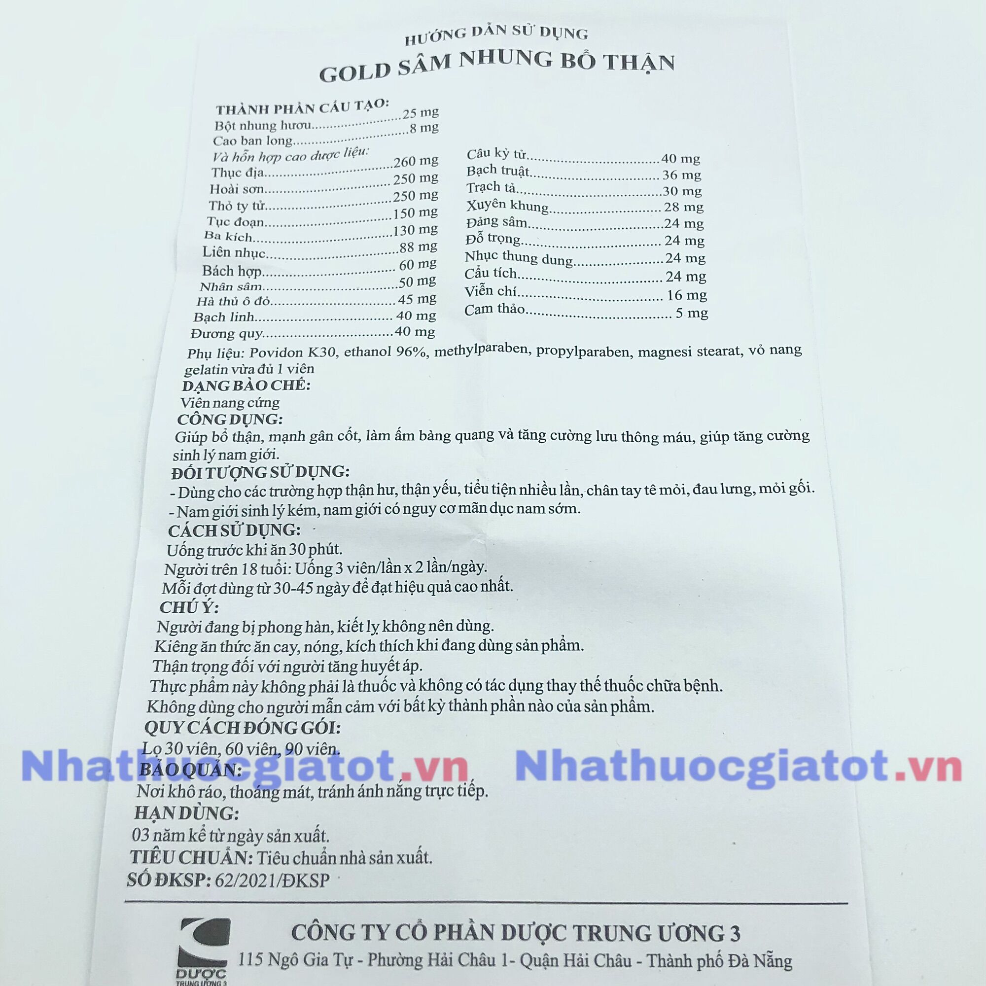 [Hộp 30 Viên] GOLD SÂM NHUNG BỔ THẬN - Dược TW3