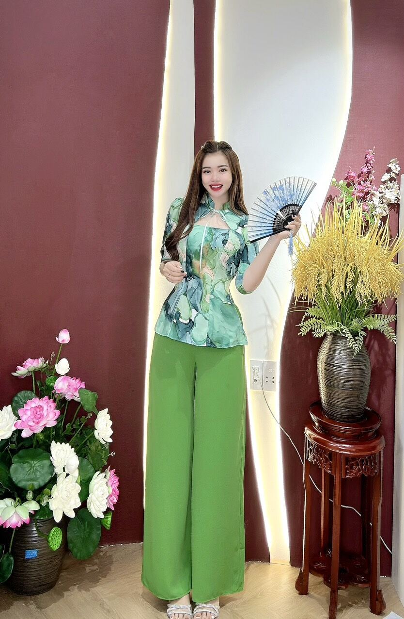 ( Miễn phí ship) Set bà ba màu loang cổ thắt nơ xinh lụa mango hồng ngọc