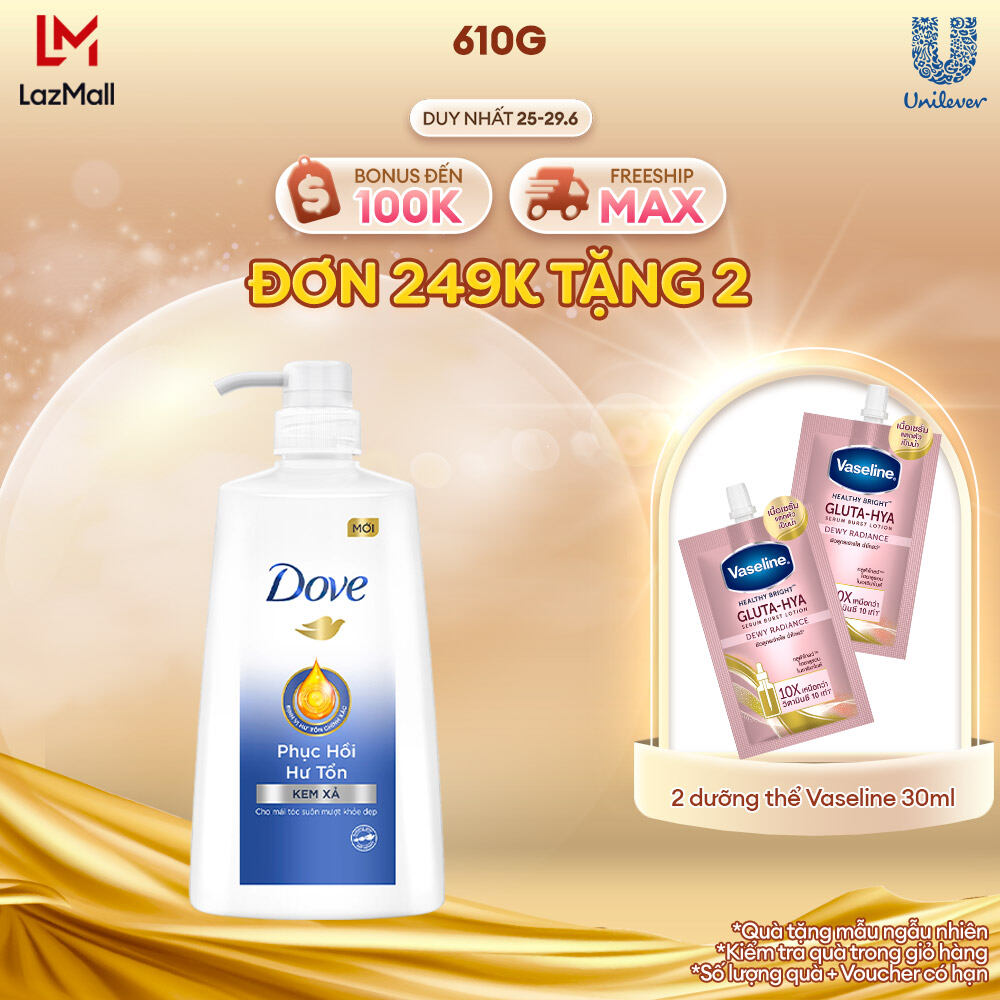 Kem xả phục hồi tóc Dove Phục Hồi Hư Tổn Công nghệ độc quyền Định Vị Hư Tổn Chính Xác cho tóc suôn mượt, khỏe đẹp 610g