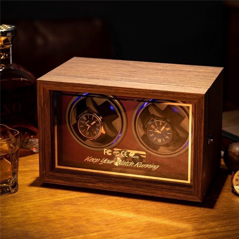 Hộp xoay đồng hồ cơ 2 chiếc mặt kính chất liệu gỗ cao cấp