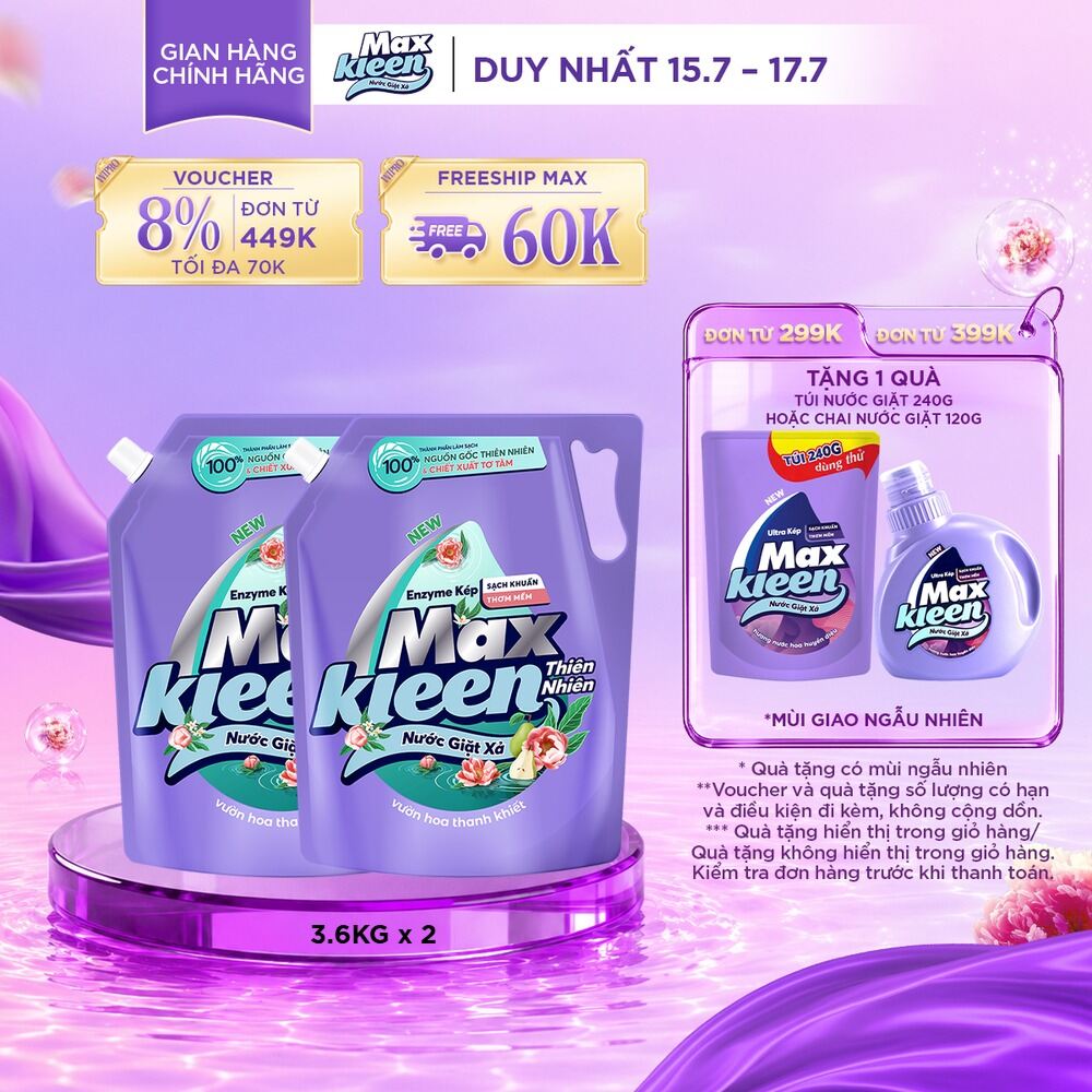 Combo 2 Túi Nước Giặt Xả MaxKleen Thiên Nhiên 3.6kg/túi