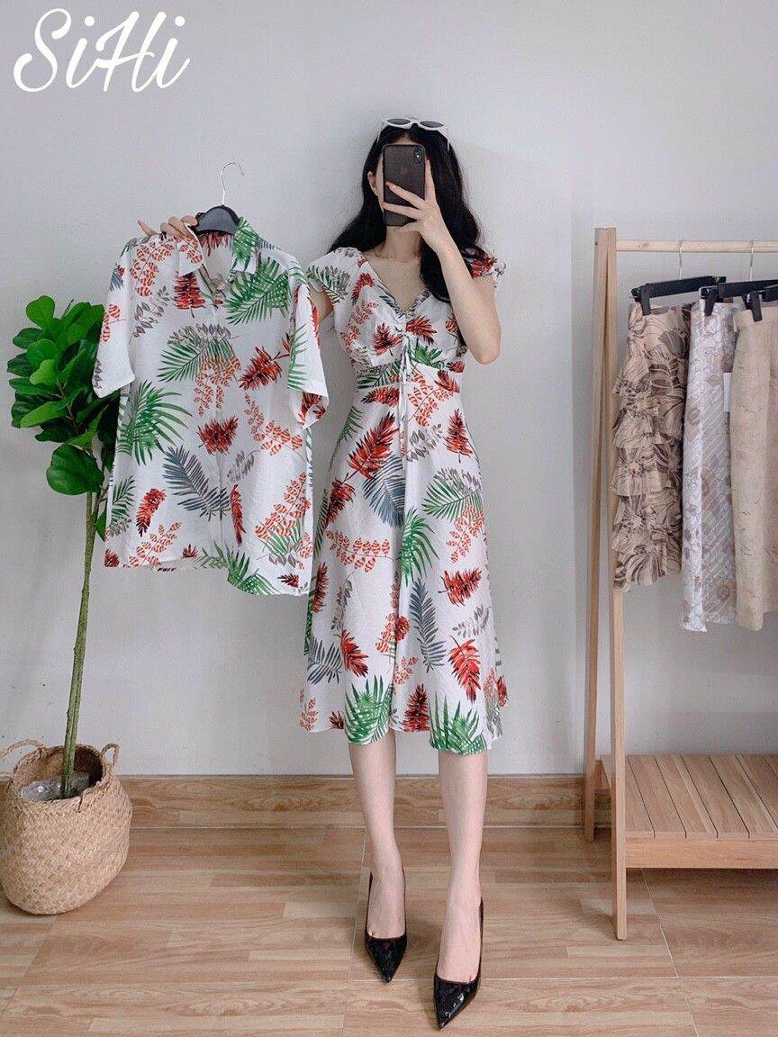 Set đôi hoa quả, áo váy đi biển chất tơ đũi