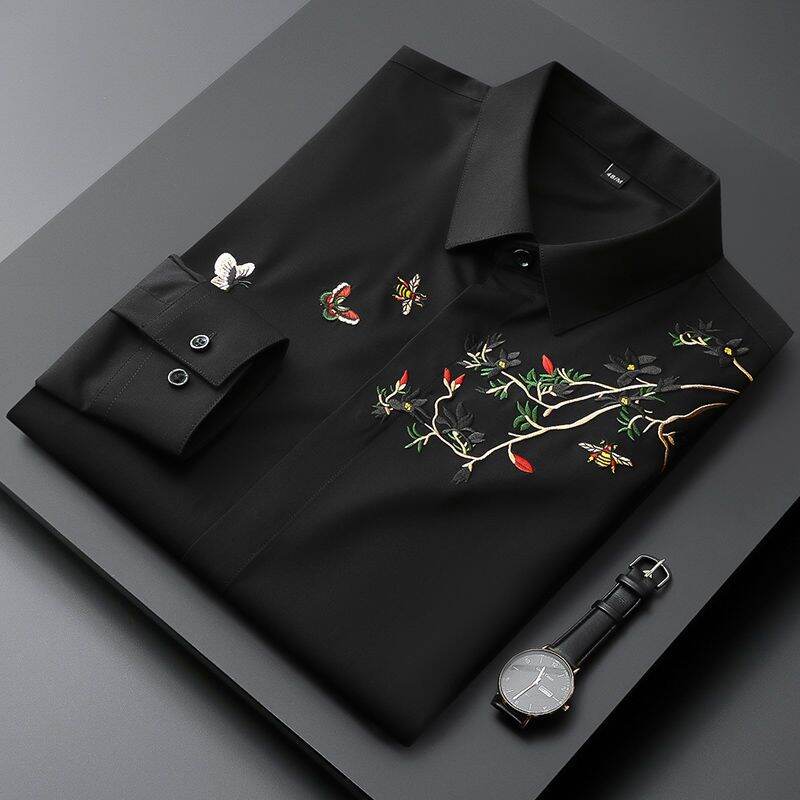 Áo Sơ Mi Polo Tay Dài Thêu Cổ Bẻ Túi Thường Ngày Mùa Thu Cho Nam Áo Sơ Mi Nam Tay Dài Cổ Bẻ Thêu Túi