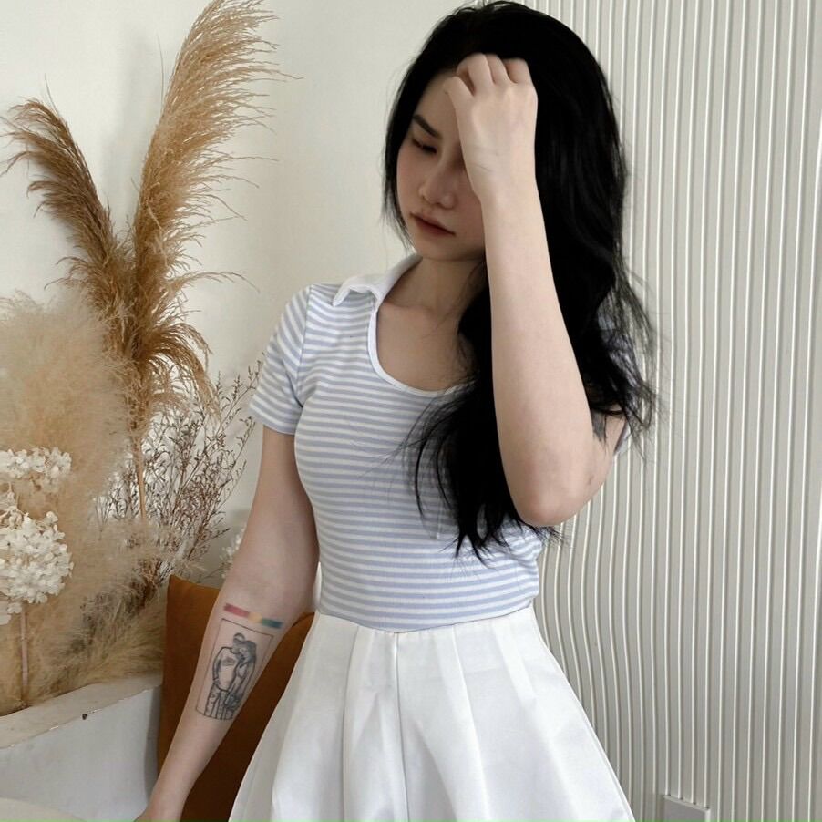 ÁO THUN GÂN KẺ SỌC NGANG VIỀN CỔ U