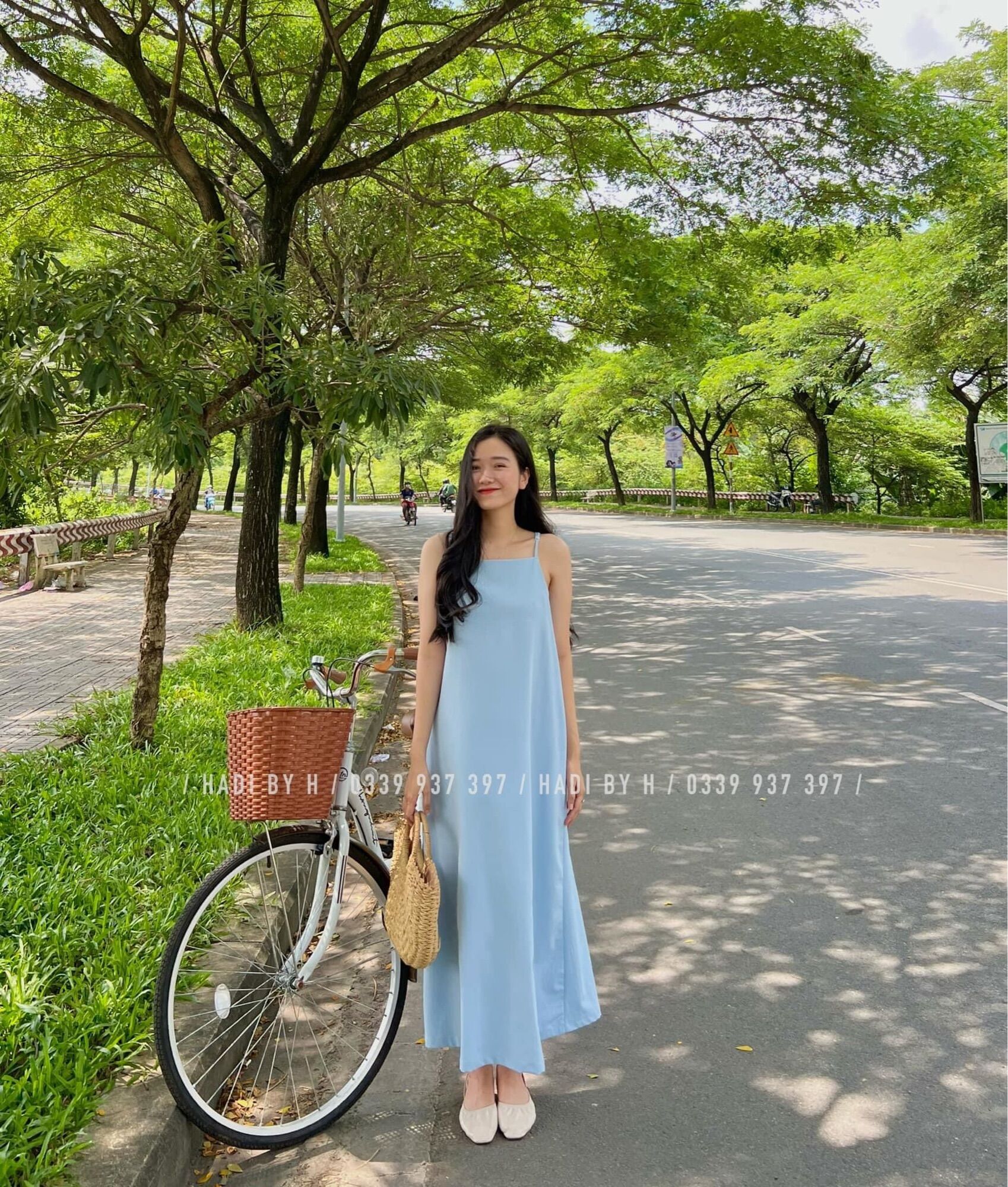 Đầm 2 dây suông maxi vải gân - Hoàn