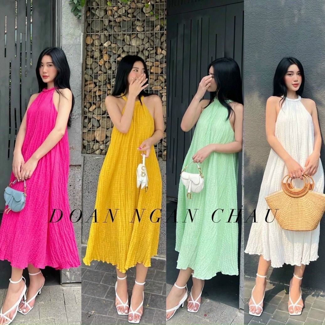 Đầm váy maxi đi biển cổ yếm xếp li 2 dây chất đẹp