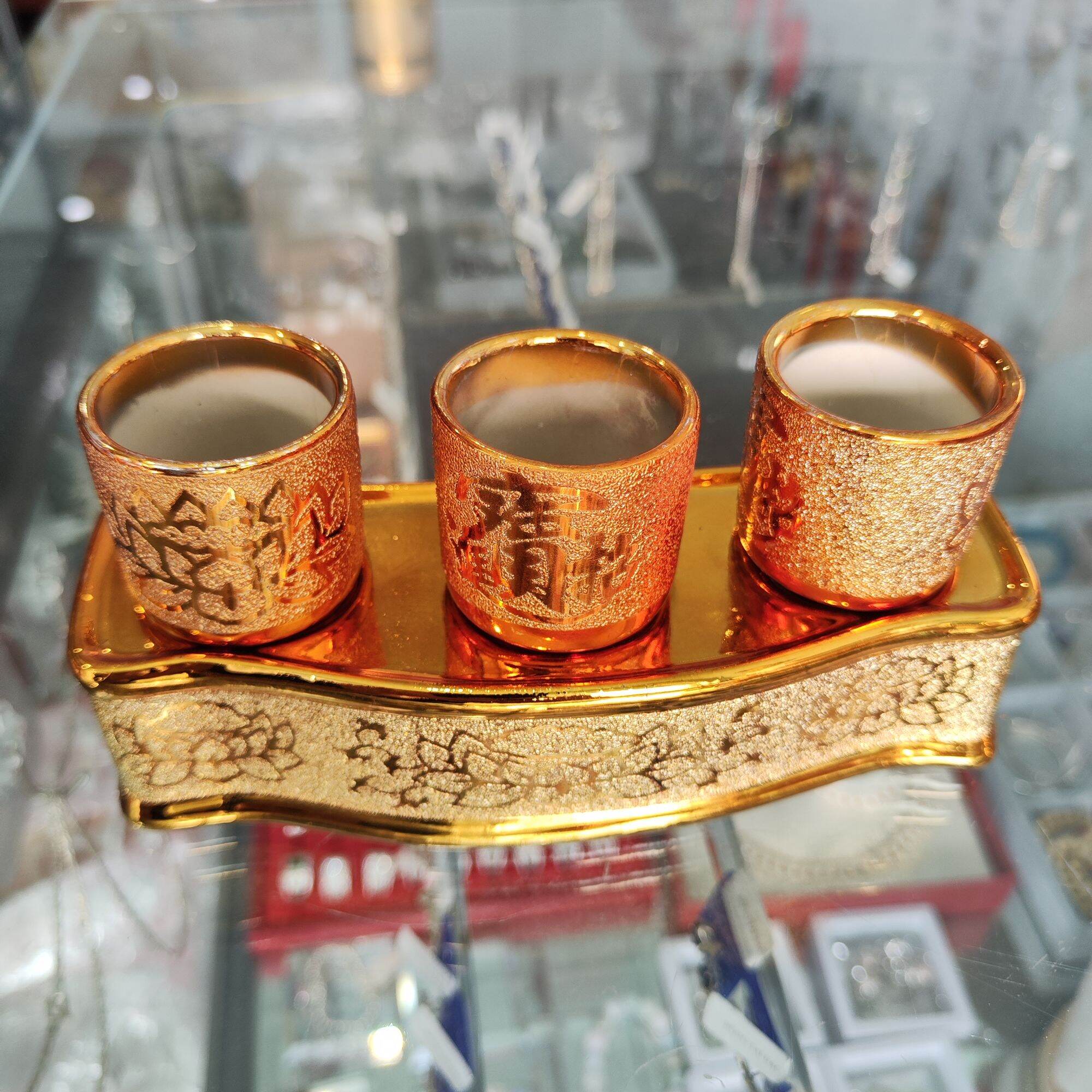 Bộ Áng 3 Ly Nước Thờ Cúng Kim Sa Vàng