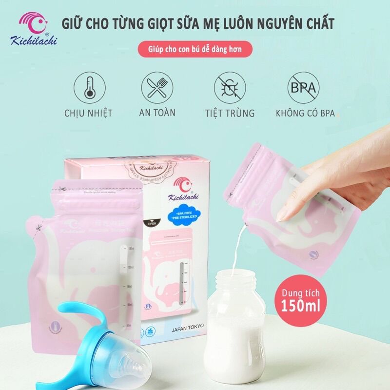 Hộp 30 Túi trữ sữa Kichilachi 150ml có vòi rót, chính hãng