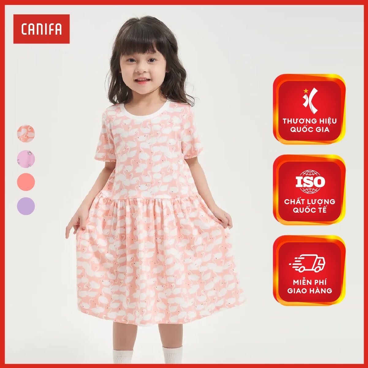 Váy liền bé gái CANIFA cộc tay có hình in 1DS24S001