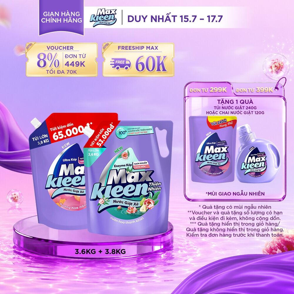 Combo Túi Nước Giặt Xả MaxKleen Thiên Nhiên 3.6kg  Túi 3.8kg (Hoa Nắng/ Huyền Diệu/Vườn Sớm Mai)