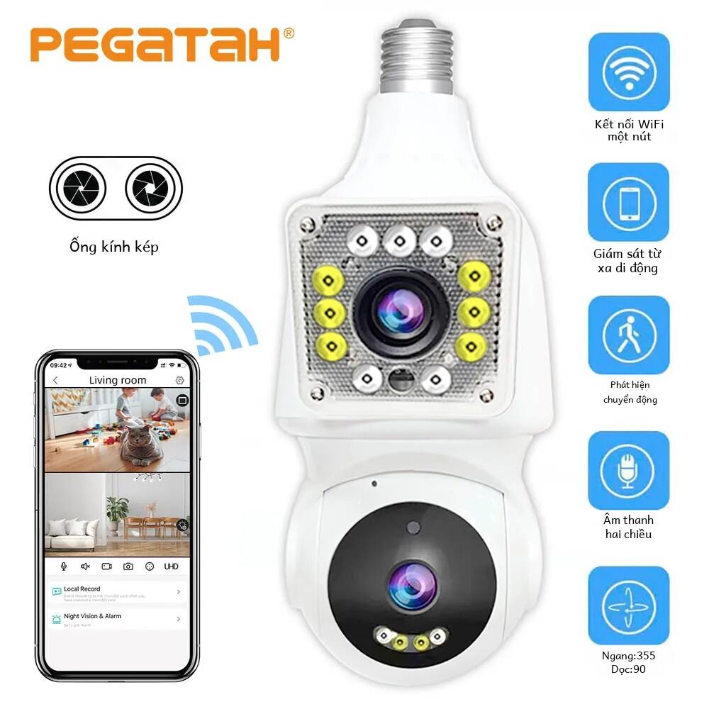 Pegatah 4mp Camera Bóng Đèn Ống Kính Kép 360 Ptz 2.4g Wifi Camera An Ninh Trong Nhà/ngoài Trời Không Dây Để Giám Sát Tại Nhà