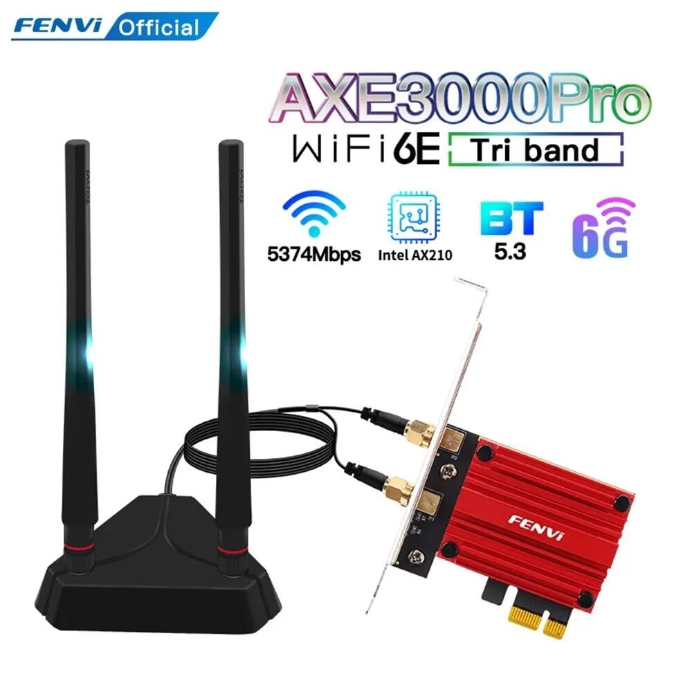 Fenvi wifi 6e ax210 adapter card 5374mbps tri band 2.4g/5g/6ghz bluetooth 5.3 802.11ax trò chơi mạng không dây pci express game đỏ
