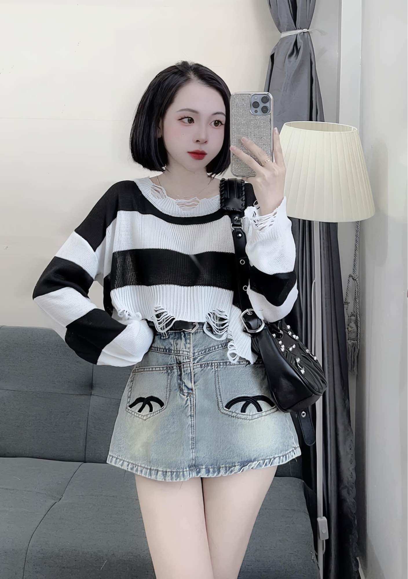 Áo len rách croptop
