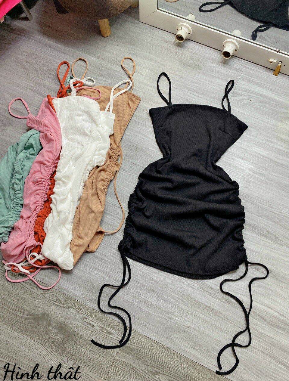 Đầm body thun gân rút bên ảnh thật 100%