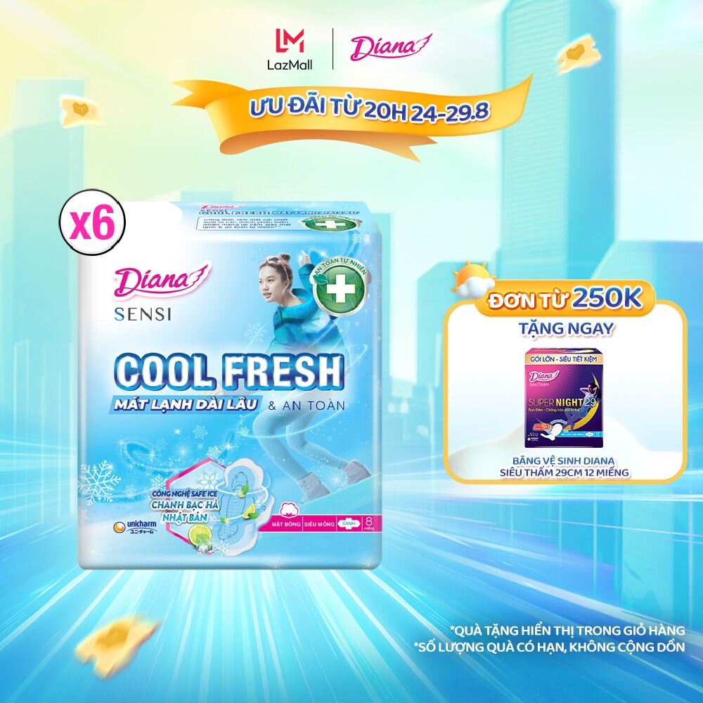 Mua Bộ 6 gói Băng vệ sinh SENSI Cool Fresh siêu mỏng cánh gói 8 miếng (Bao bì thay đổi theo từng đợt nhập hàng)