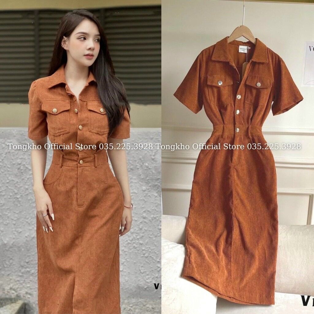 (D289 SHOP TÁO ĐỎ BIGSIZE 50KG ĐẾN 90KG) đầm sơ mi nhung tăm dáng dài
