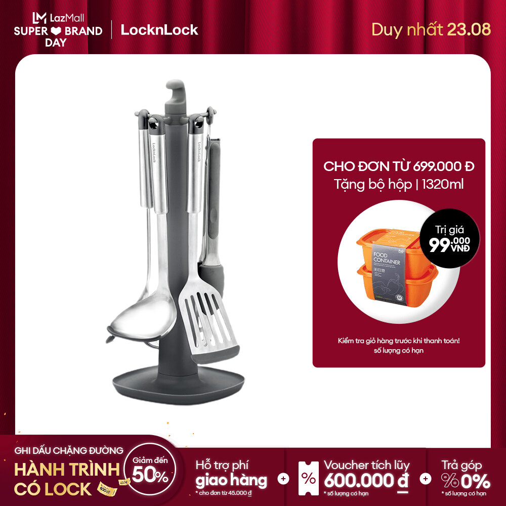 Bộ dụng cụ nhà bếp 6 món Lock&Lock Kitchen Tools Set - màu xám CKT330S01 - Có giá treo, đầu silicone tránh xước nồi chảo- Hàng chính hãng
