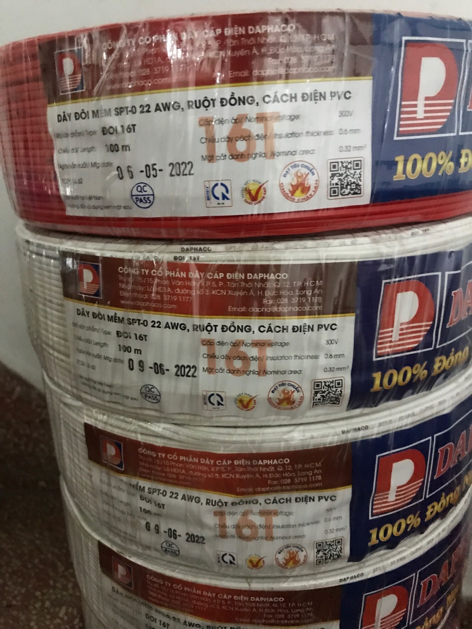 Dây điện Daphaco đôi mềm 2x16 tim đồng (tiết diện dây 2x0.32mm) (Cuộn 100 mét) chính hãng