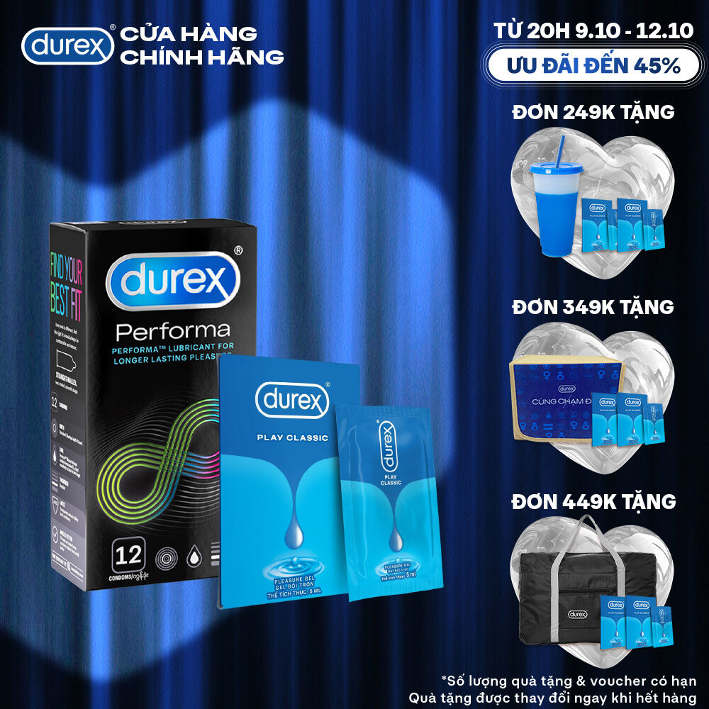 [TỪ 20H | 9-12.10 VOUCHER GIẢM THÊM 5%] Combo Bao cao su Durex Performa kéo dài thời gian, size 52mm, hộp 12 bao + Gel Classic Dạng Gói 5ml