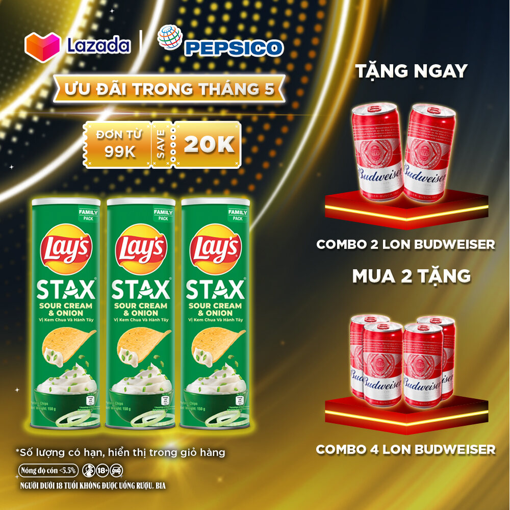 [DUY NHẤT 20H 4.5-7.5]  Combo 3 Lays Stax Khoai Tây Miếng Vị Kem Chua và Hành Tây 155G
