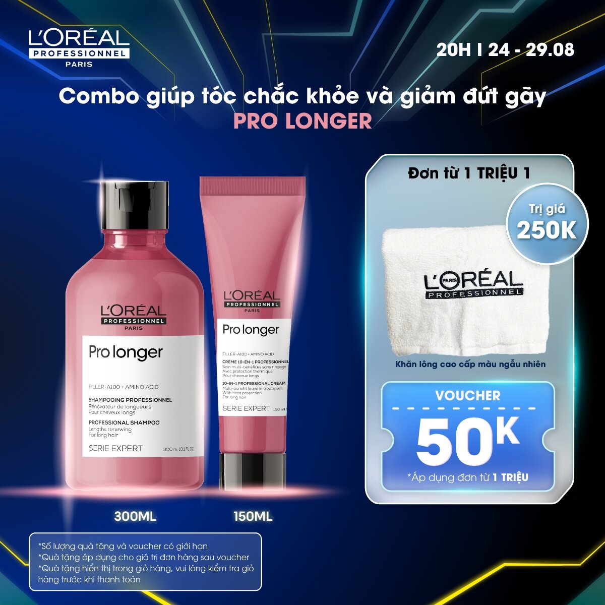 Combo Dầu gội 300ml/500ml & Kem dưỡng 150ml dưỡng tóc dài mềm mượt, chắc khỏe, giảm đứt gãy, chẻ ngọn L'Oréal Professionnel Serie Expert Pro Longer - Dành cho tóc dài, dễ đứt gãy, chẻ ngọn