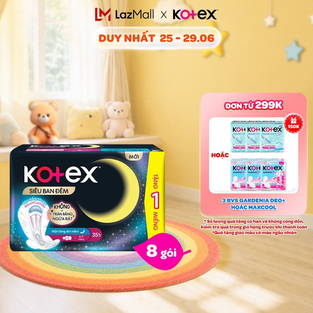Lốc 8 gói BVS Kotex Siêu Ban Đêm 35cm Mặt bông Êm Mềm chống tràn sau 8+1 miếng