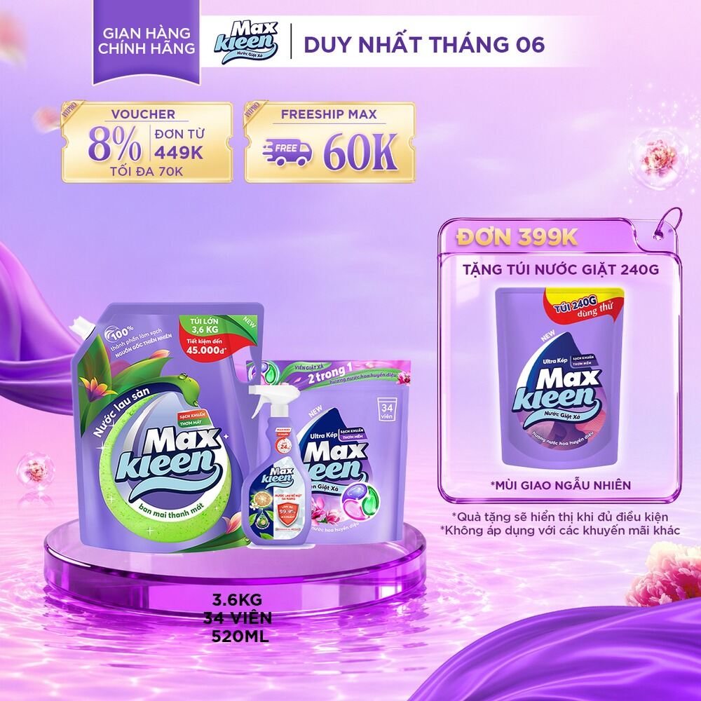 Combo Túi lau sàn MaxKleen hương Ban mai thanh mát 3.6kg + Túi viên hương Huyền Diệu 34 viên + Chai nước lau bề mặt đa năng