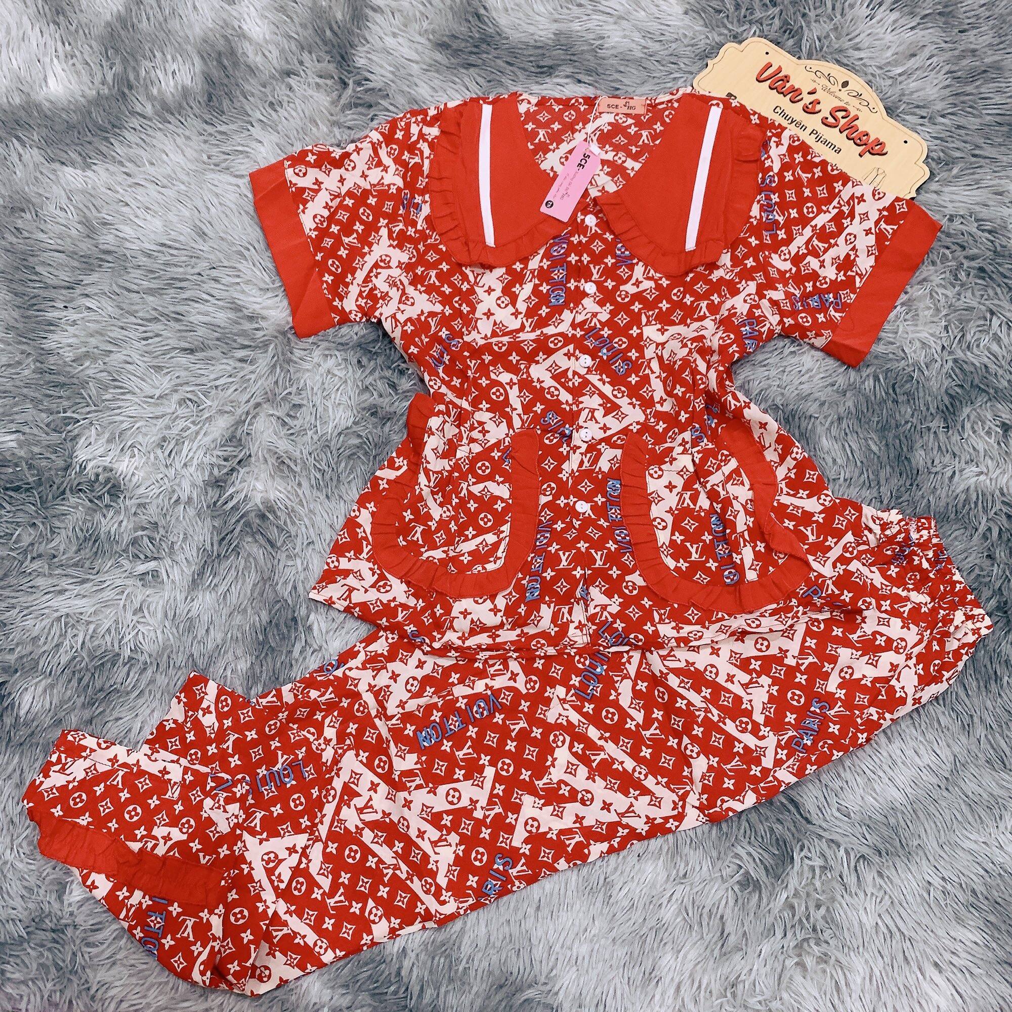 Bộ pijama tay ngắn quần dài lụa mango, cổ sen/sen bèo, Freesize