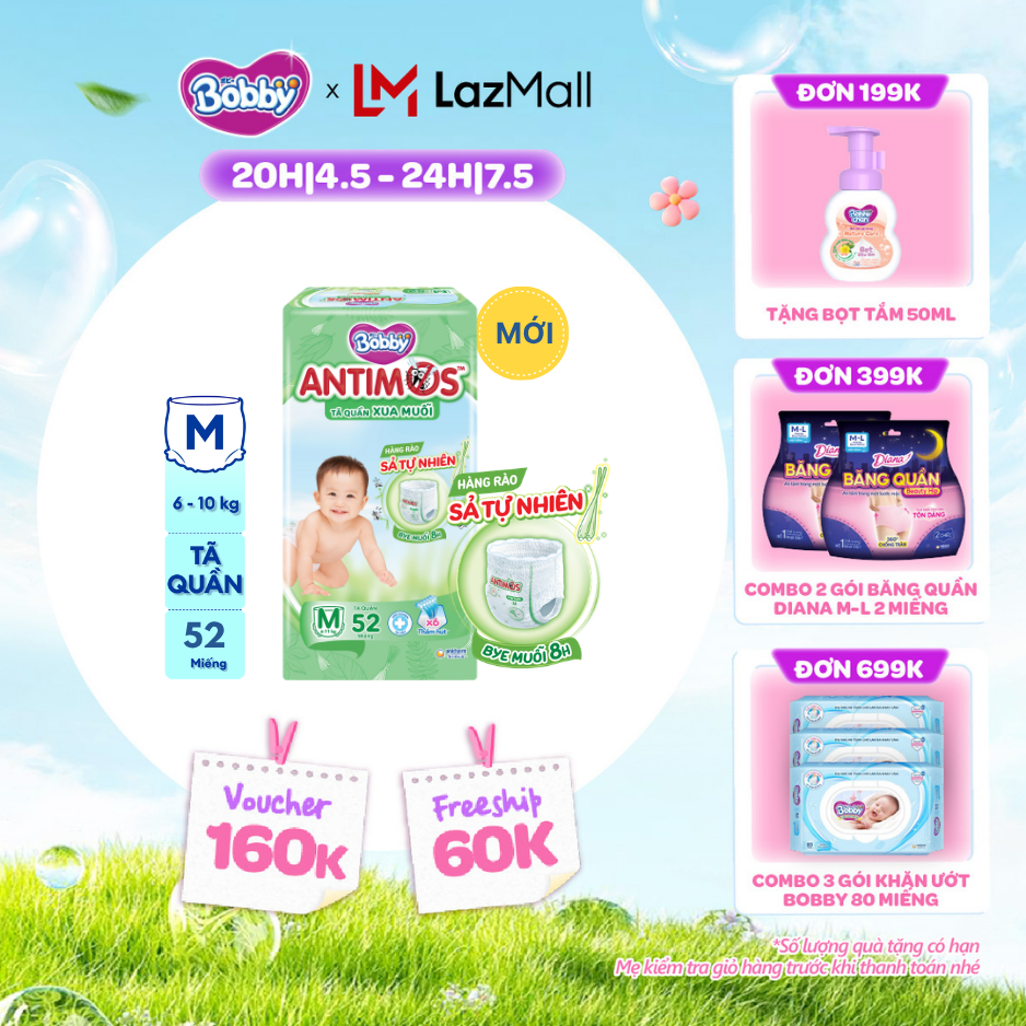 [CHỈ 20h 04-07.05 QT Đơn 899K/1199K][MỚI] Tã Quần Xua Muỗi Bobby Antimos – Hàng rào Sả tự nhiên Bye Muỗi 8H - Size M 52 miếng