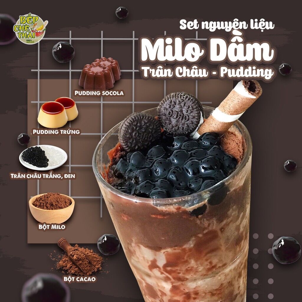 Set milo dầm kèm trân châu, pudding