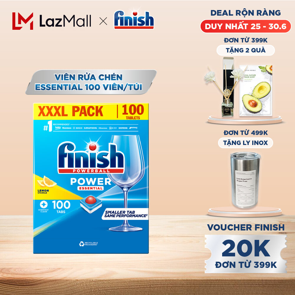 Viên Rửa Chén Bát Hương Chanh Finish Powerball Power Essential Lemon Sparkle - Hộp 100 viên siêu tiết kiệm