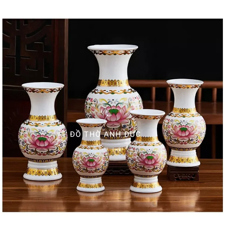 Bộ thờ cúng lư hương bình bông đĩa chung nước họa tiết hoa sen hồng