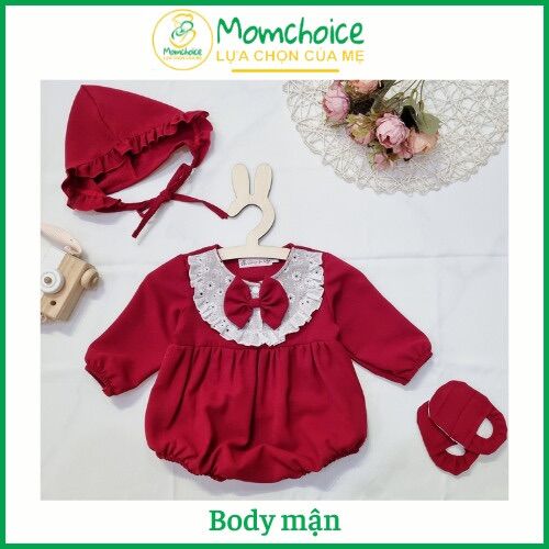 SP1 Bodysuit Cho Bé [MOMCHOICE] Body Trẻ Em  Mận Đỏ Kèm Mũ & Giày Vải Từ Sơ Sinh -13kg Chất Thô Đũi Phối Ren Cao Cấp