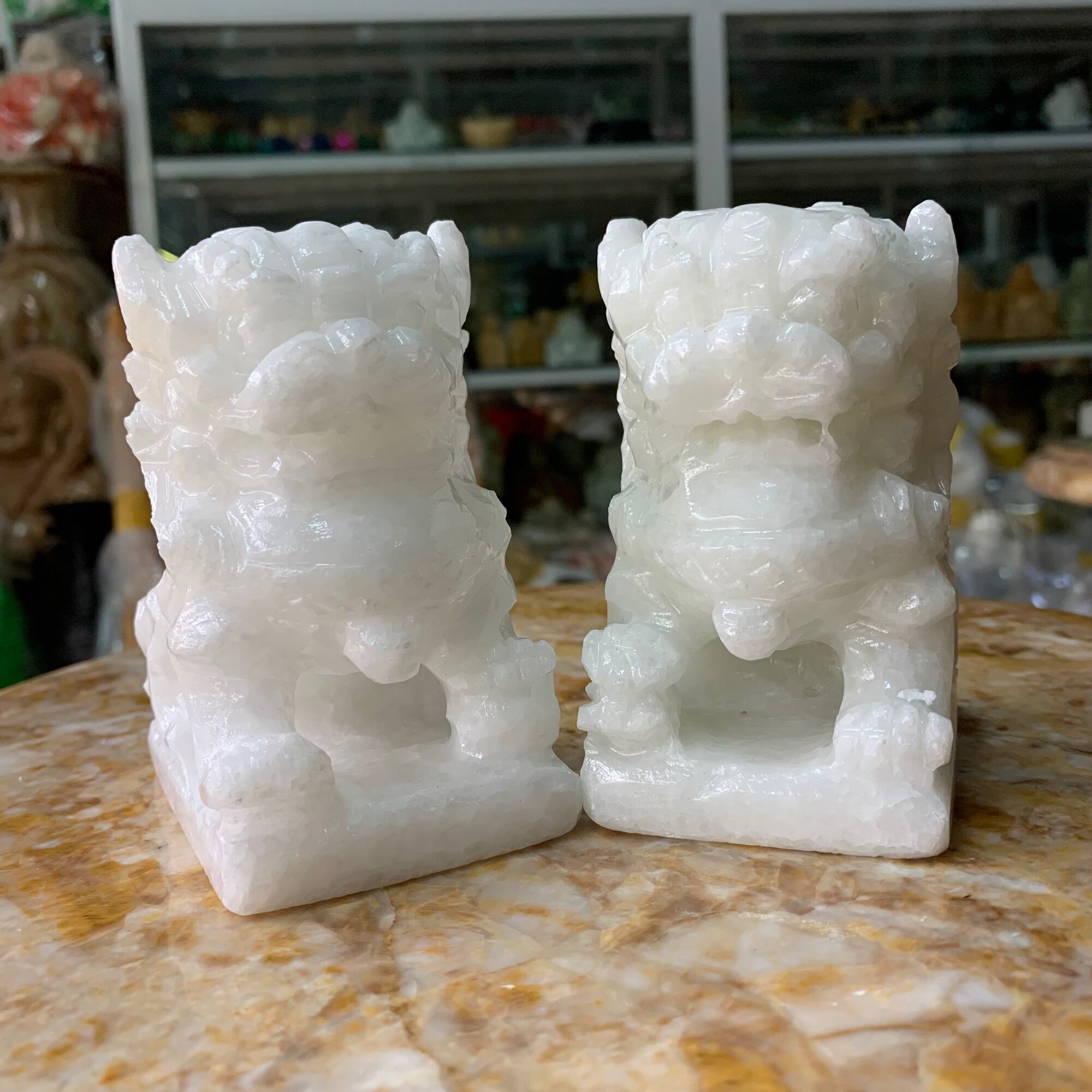 Cặp Kỳ Lân (Nghê) Phong Thuỷ Đá Cẩm Thạch Trắng - cao 10cm