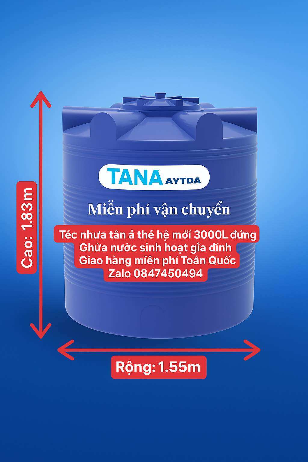 Téc nhựa 3000 lít đứng 3m3 đứng tân á thế hệ mới gân cao cấp chứa nước sinh hoạt gia đình giao miễn phí Toàn Quốc